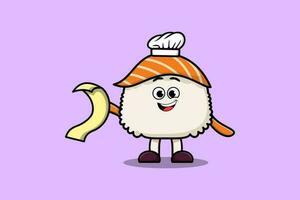 dibujos animados Sushi cocinero personaje con menú en mano vector