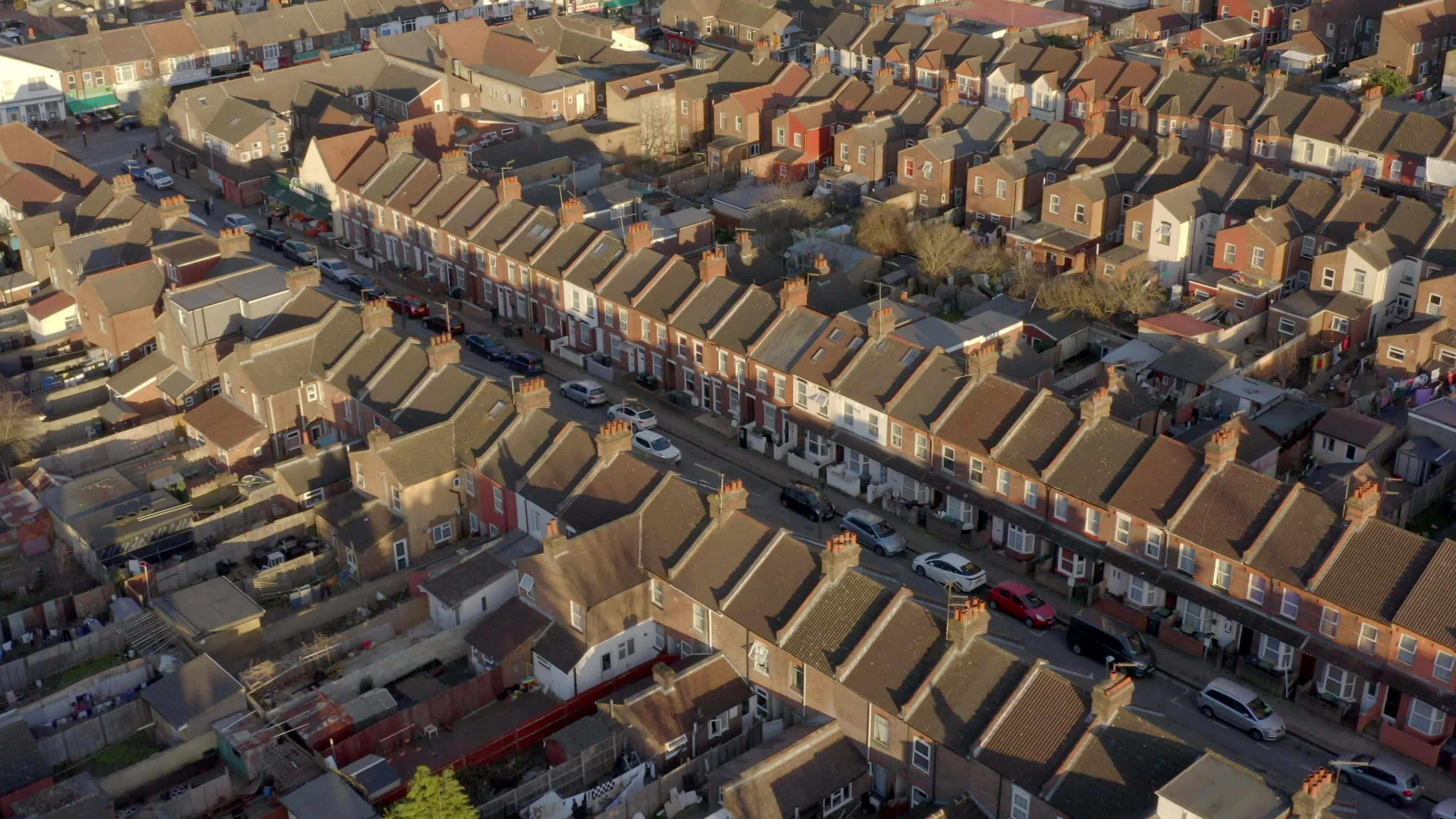 Aerial View of Terraced Working Class Housing in Luton at Sunset