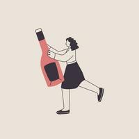 mujer con un botella de vino o espumoso vino. linda personaje en de moda estilo. vector aislado ilustración para vino tema diseño.