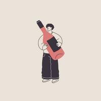 A man holds a giant bottle of wine. Cute character in trendy style. Vector isolated illustration for wine theme design.