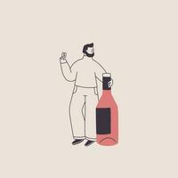A bearded man with a bottle of wine makes a victoria gesture. Cute character in trendy style. Vector isolated illustration for wine theme design.