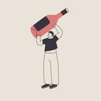 un hombre sostiene un gigante botella de vino terminado su cabeza. linda personaje en de moda estilo. vector aislado ilustración para el diseño de un vino tema.