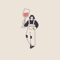 Woman in overalls with a huge glass of wine. Cute character in trendy style. Vector isolated illustration for wine theme design.