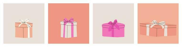 Set of various gift boxes with bows. Vector flat isolated illustration for design. Pink, beige and white colors.