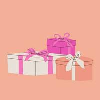 Composition of various gift boxes with bows. Vector flat isolated illustration for design. Pink, beige and white colors.