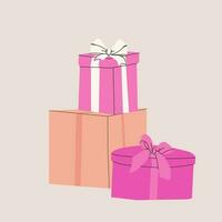 Composition of various gift boxes with bows. Vector flat isolated illustration for design. Pink, beige and white colors.