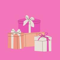 Composition of various gift boxes with bows. Vector flat isolated illustration for design. Pink, beige and white colors.