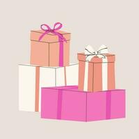 Composition of various gift boxes with bows. Vector flat isolated illustration for design. Pink, beige and white colors.