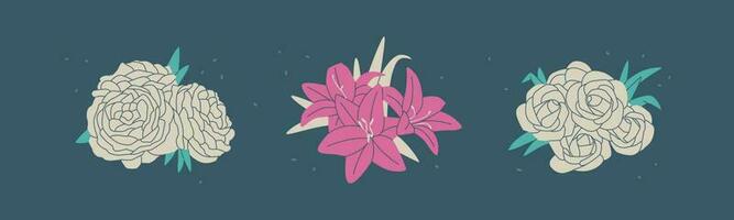 Set of three flower bouquets - roses, lilies and peonies. Simple vector isolated illustration for design.