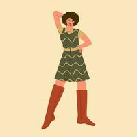 Moda y estilo de el años 70 linda joven mujer en un corto falda, chaleco y alto botas. vector de moda ilustración.