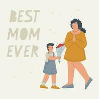 Text best mom ever. A young woman with glasses accepts flowers from her son. Boy giving a bouquet of flowers to his mother. Mother's day card. vector