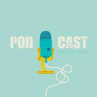 Podcast cover. Template for design with turquoise background. Microphone on a stand with a tangled cable. vector