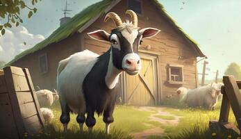 Cute Cartoon Goat on a Farm. photo