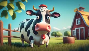 Cute Cartoon Cow on a Farm. photo