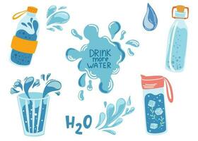 Drink more water. Various bottles, glass, flask. Vector set of various bottles, glasses, flasks in a hand drawn style, correct daily habits, morning rituals. Zero waste.