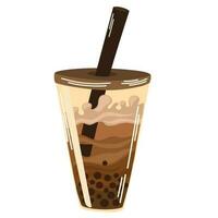 Bubble Tea or Coffee Drink. Cold coffee in a glass with a pipe. Asian Taiwanese drink. Summer refreshing drink. Flat Vector Illustration Isolate