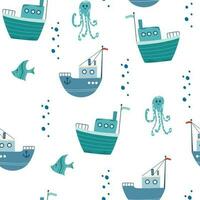 Ships, fish and octopuses Seamless Pattern. Cute marine pattern for fabric, children clothing, background, textiles, wrapping paper and decorations. Vector illustration