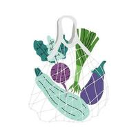 Eco-friendly shopping mesh bags with various vegetables, red pepper and eggplant. Various things from the local market. Colored vector illustration. Cartoon style. Zero waste, plastic free concept