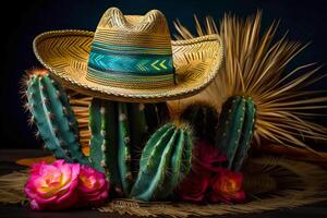 Cinco de Mayo holiday background. Mexican blooming cactus and party sombrero hat. illustration photo