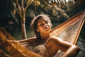 Carefree young woman portrait relaxing in hammock. illustration photo