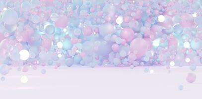 Creative gentle fashion background flying sphere shapes in pastel palette textured background scene pastel colored balls light colored beads pink and blue 3d illustration photo