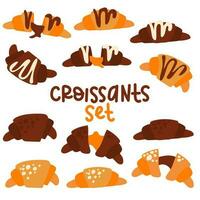 A set of plain and chocolate croissants with dots and lines in different turns. A collection of croissants and decor. Colored croissants decorated with dots and stripes on a white background vector