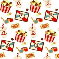 A pattern of retro movie elements. Screen, popcorn, 3d glasses, ticket, soda. Cinematic junk food while watching a movie. Printing on textiles and paper. Packaging for movie theaters in cartoon style vector