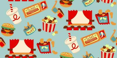 A pattern of retro movie elements. Screen, popcorn, 3d glasses, ticket, soda, nuts, chips, hamburger in cartoon style. Cinematic junk food while watching a movie. Printing on textiles and paper vector