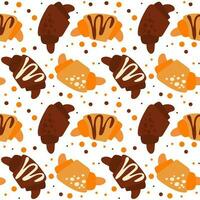 The design with a croissant pattern is plain and chocolate with dots and lines. Baking background with croissant and spots. Seamless pattern with colored croissants and decor on a white background vector