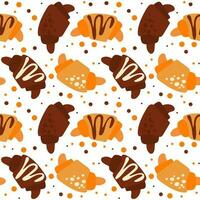 The design with a croissant pattern is plain and chocolate with dots and lines. Baking background with croissant and spots. Seamless pattern with colored croissants and decor on a white background vector