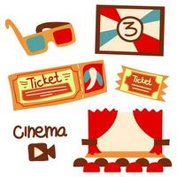 Mini set of retro movie elements. All elements of a movie theater for watching a movie. Screen, film, reel, 3d glasses, ticket, cartoon style shooting icon. Vector illustration in retro color scheme