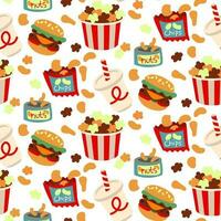 A pattern of products for watching movies. All elements of a fast food cinema for watching a movie. Popcorn, soda, nuts, chips, hamburger in cartoon style. Printing on textiles and paper. Packaging vector