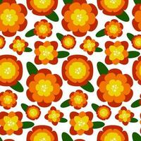 Simple floral pattern of symmetrical flowers. Vector seamless texture with symmetrical colors and geometric shapes. Colorful retro-style ornament with yellow-orange large and small flowers on a white