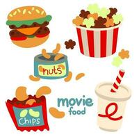 A set of food for watching movies. All elements of a fast food cinema for watching a movie. Popcorn, soda, nuts, chips, hamburger in cartoon style. Cute flat-style drawings on a white background vector