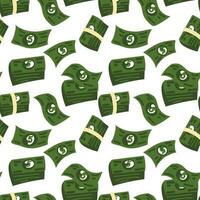 A pattern of cartoon abstract American banknotes and bundles. A rain of green money with the number 5 falling from above in a flat style on a white background. Printing on textiles and paper vector