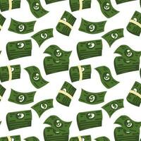 A pattern of cartoon abstract American banknotes and bundles. A rain of green money with the number 5 falling from above in a flat style on a white background. Printing on textiles and paper vector