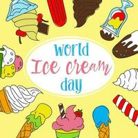 Vector illustration of National Ice Cream Day for greeting card, poster and banner Different ice cream is arranged in a circle and there is an inscription in the center Color illustration with outline