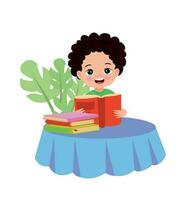 Little boy reading a book on a table vector