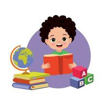 Little boy reading a book and a stack of books with abc letters on a white background. vector