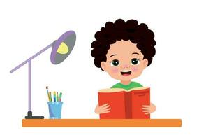 A boy is reading a book on a desk. vector