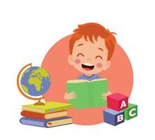 Little boy reading a book and a stack of books with abc letters on a white background. vector