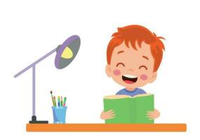 A boy is reading a book on a desk. vector