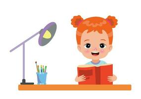 A boy is reading a book on a desk. vector