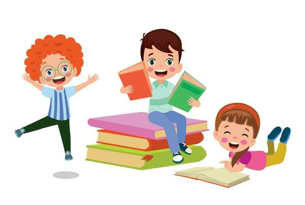 Children reading books on a white background.