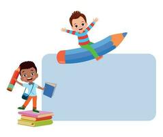 Two boys are sitting on a stack of books and one is holding a pencil and the other is reading a book. vector