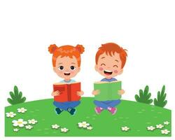 Boy and girl reading books on the grass. vector