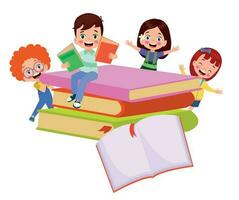 Children on a stack of books with a white paper in the middle vector