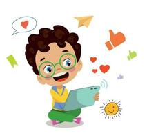 A boy holding a phone and a social media icons on a white background vector