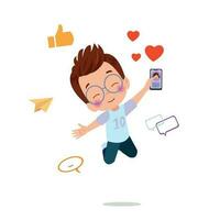 A boy holding a phone and a social media icons on a white background vector