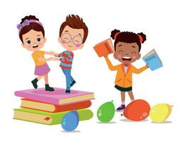 Children playing on a stack of books vector